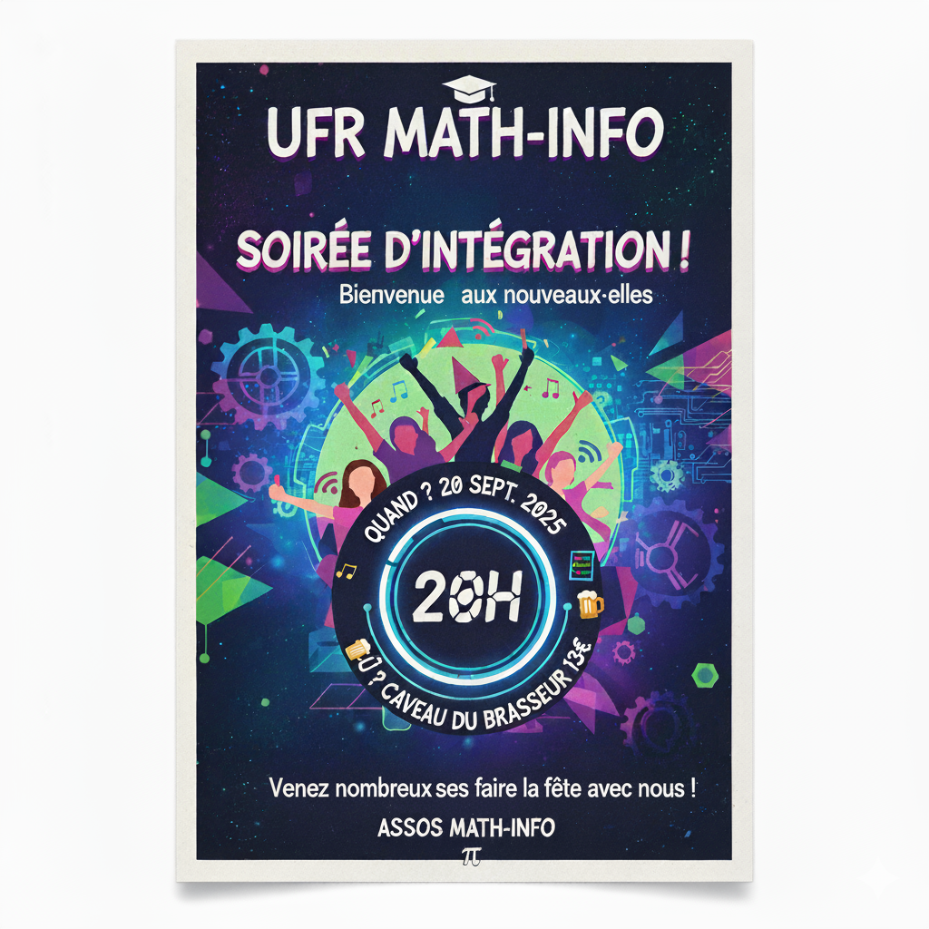 Flyer design avec des couleurs néon, une typographie cyberpunk très complexe, des éléments graphiques représentant des circuits intégrés, des confettis en forme de pixels, le logo du BDE en haut à gauche, un dégradé de violet vers le bleu électrique, et plein de petits détails décoratifs. On y voit également les informations nécessaires pour se rendre à la soirée